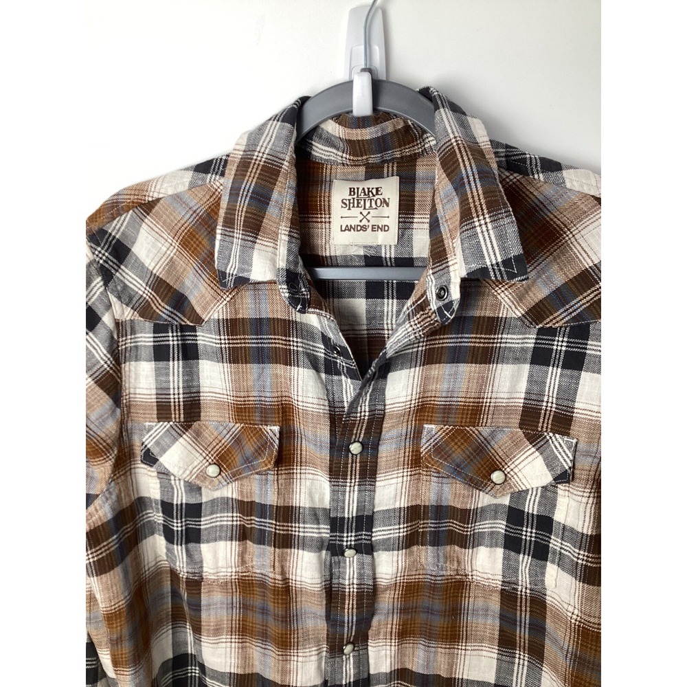 Lands End Blake Shelton Adobe Pearl Snap Long Sleeve Brown Plaid Size ? (M/L)